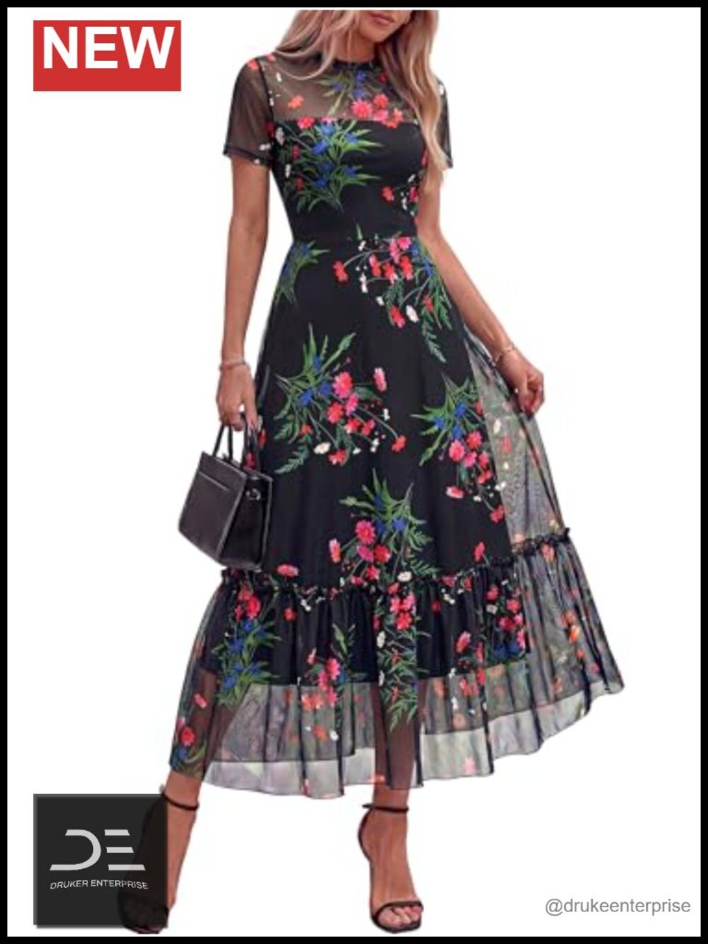 Womens Mesh Floral Midi Dress Mock Neck Ruffle Hem Cocktail Wedding Guest